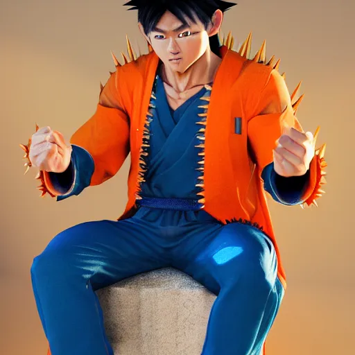 Image similar to photorealistic human goku, goku as an asian man, goku in real life, spiky hair, orange gi, human goku, photography, cinematic