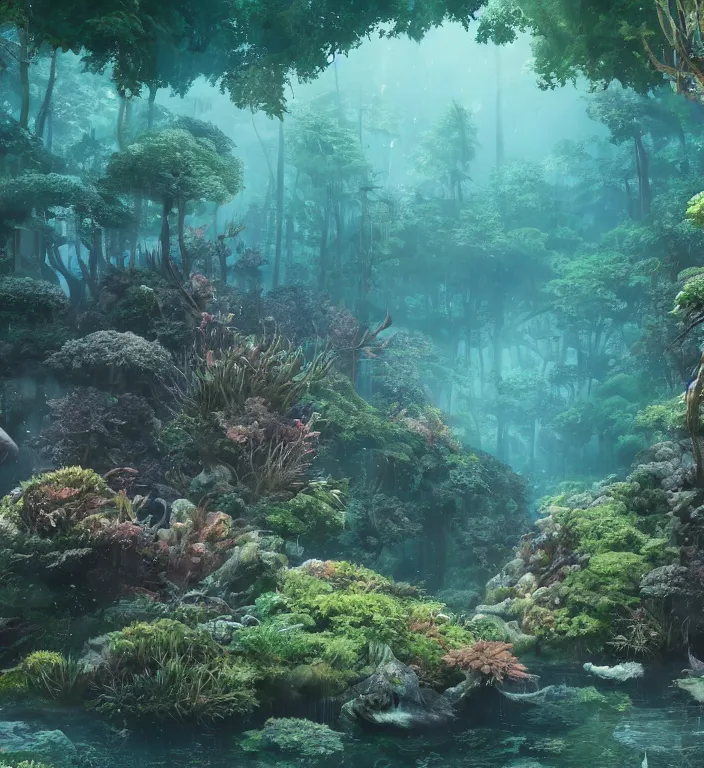 Image similar to a forest underwater, studio ghibli, au naturel, hyper detailed, digital art, trending in artstation, cinematic lighting, studio quality, smooth render, unreal engine 5 rendered, octane rendered