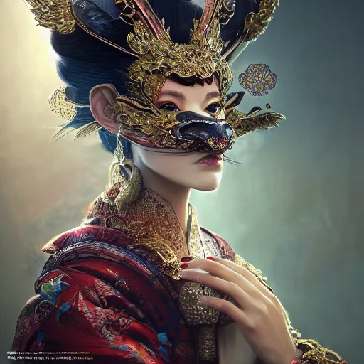 Image similar to a photorealistic dramatic fantasy render of a beautiful woman pelin baynazoglu wearing a beautiful intricately detailed japanese monkey kitsune mask and clasical japanese kimono by wlop, artgerm, greg rutkowski, alphonse mucha, epic, beautiful dynamic dramatic dark moody lighting, shadows, cinematic atmosphere, artstation, concept design art, octane render, 8 k