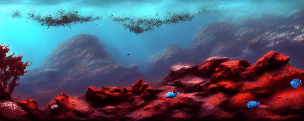 Prompt: A gorgeous detailed oil of a dark red sea covered in big blue steep rocks, a school of piranhas underwater, the further away the mistier it gets, surreal, concept art, dark aesthetic, atmospheric, moody, hyperrealism, highly detailed, masterpiece, award winning, 4k, unreal engine