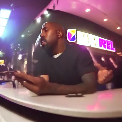 Image similar to blurry, gopro footage of kanye west eating at taco bell, cinematic, volumetric lighting, night, rain