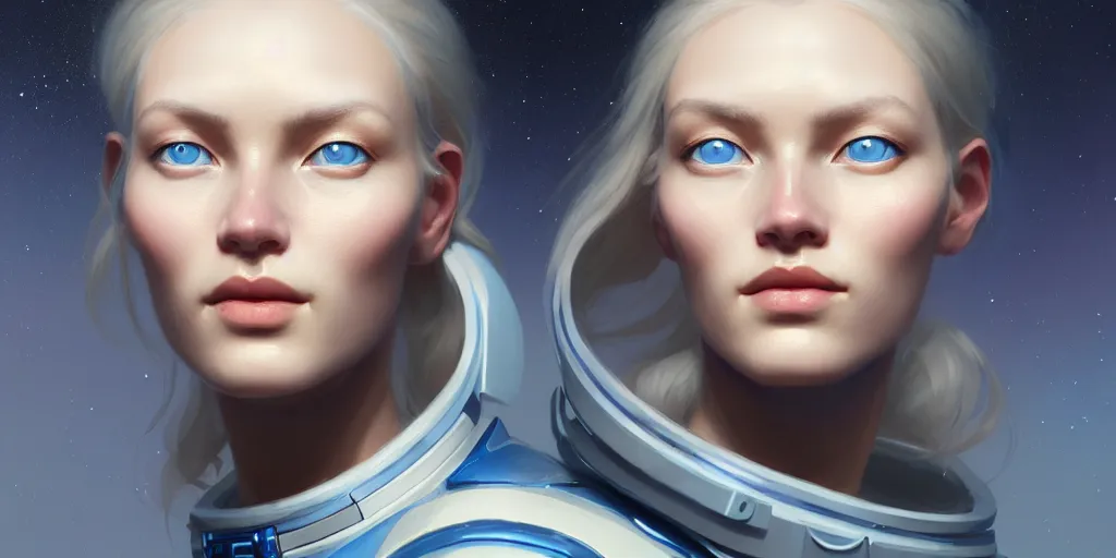 Image similar to facial portrait of a beautiful nordic woman, blue eyes, wearing space suit, extremely detailed digital painting, in the style of fenghua zhong and ruan jia and jeremy lipking and peter mohrbacher, mystical colors, rim light, beautiful lighting, 8 k, stunning scene, raytracing, octane, trending on artstation