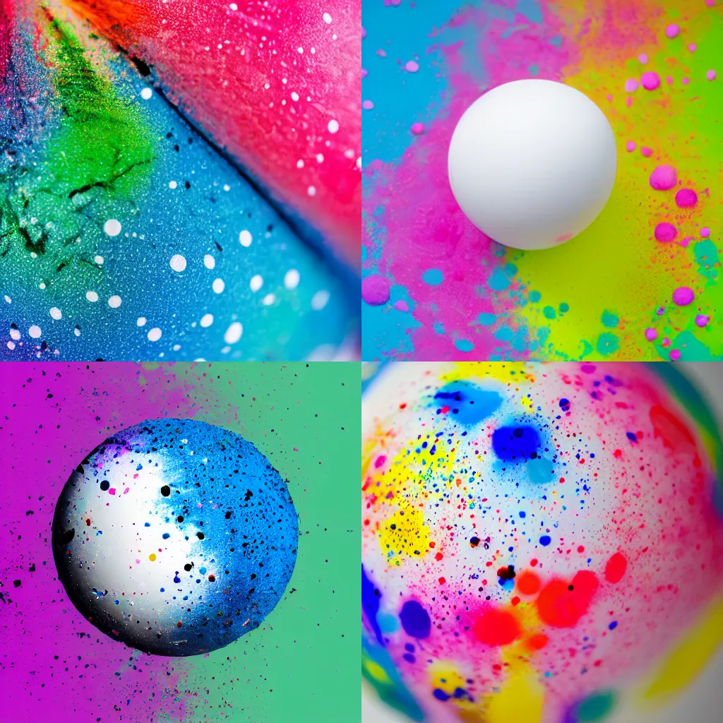 Prompt: a white ball partially covered in cmyk colored ink splats