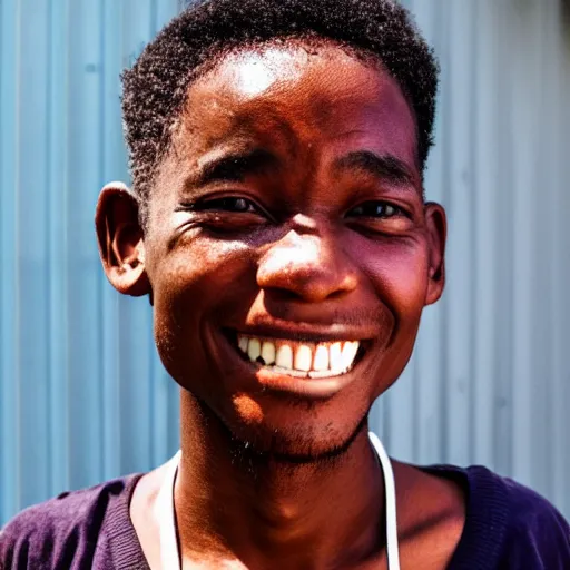 Image similar to photograph of a african person with japanese eyes and a grotesque smile