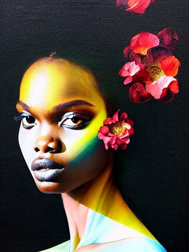 Image similar to double exposure, portrait of duckie thot with a floral background : : painted by artgerm, karol bak, artur bordalo, sandra chevrier : : portrait, character, illustration, hyperrealism, photorealism