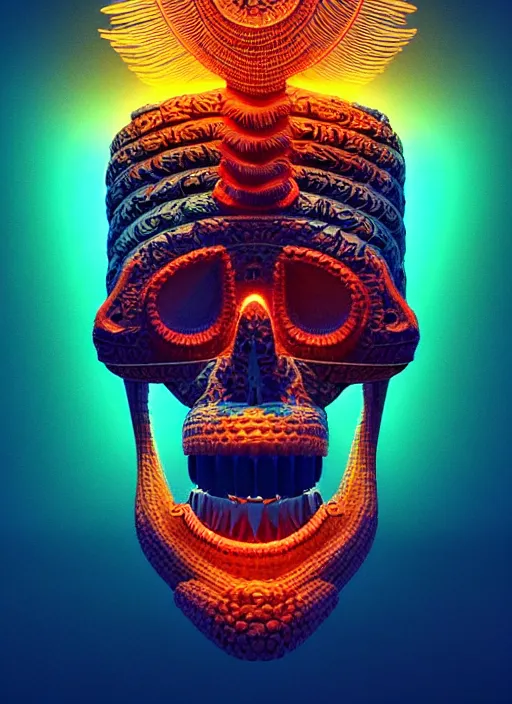 Prompt: 3 d totem portrait, sigma 5 0 0 mm f / 5. global illumination beautiful intricate highly detailed quetzalcoatl skull and feathers. bioluminescent, plasma, lava, ice, water, wind, creature, thunderstorm! artwork by tooth wu and wlop and beeple and greg rutkowski, 8 k trending on artstation,