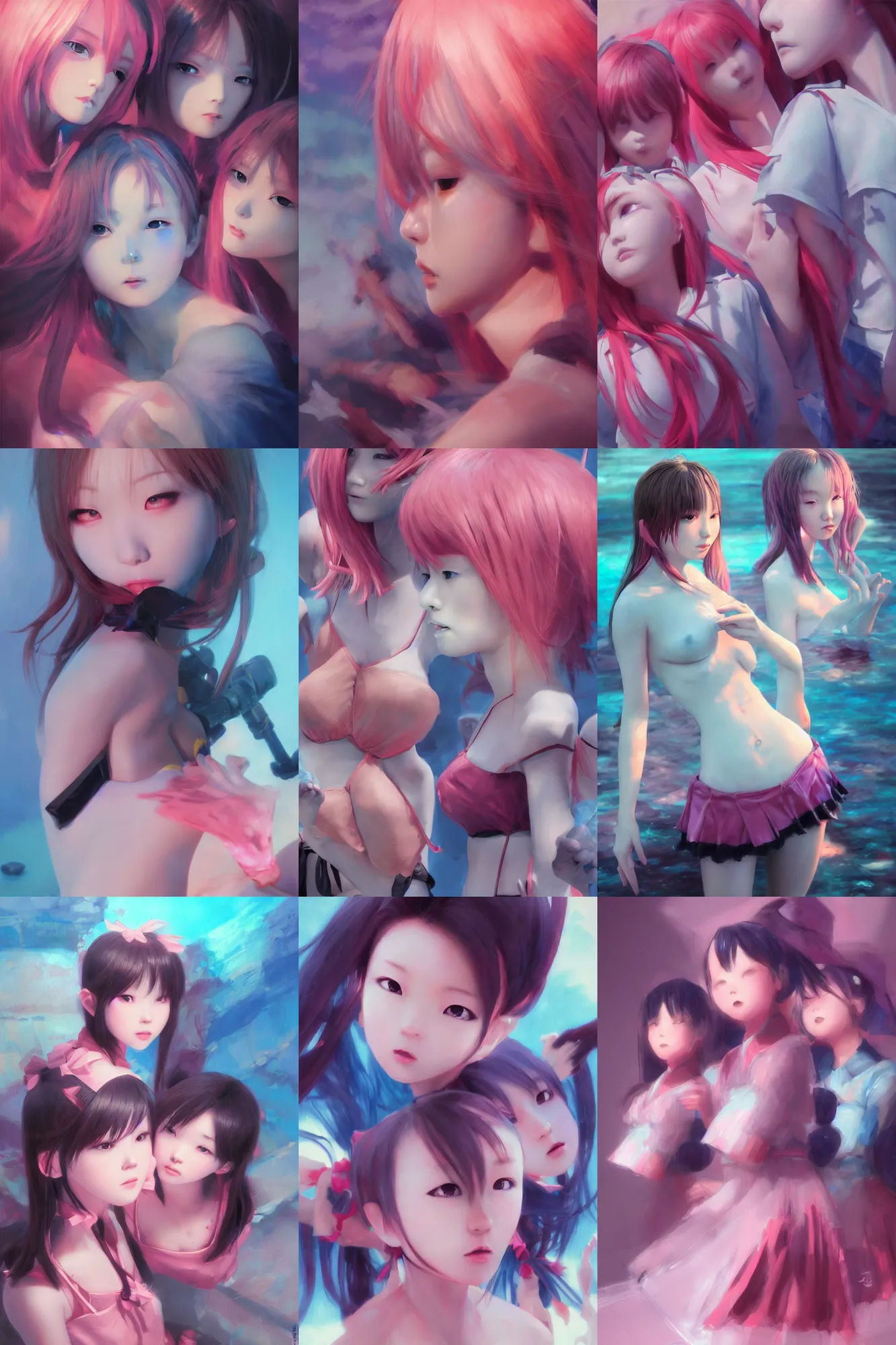 Prompt: 3d dark infrared octane render concept art by D. Jun, by Mo Xiang Tong Xiu, by Igarashi Daisuke, beauty portrait anime schoolgirls under dark pink and blue water. cute face. complex composition. dramatic light, trending on artstation, oil painting.