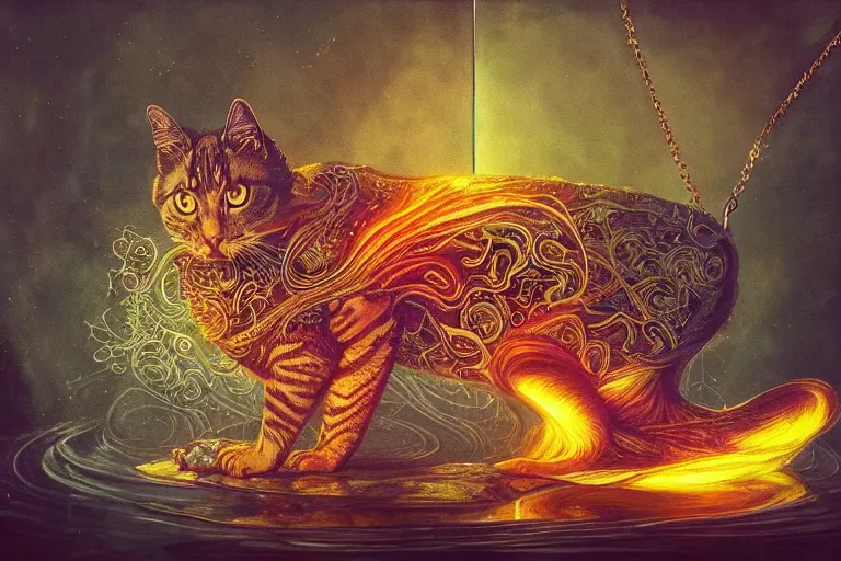 Image similar to psychedelic cat with trinket necklace, epic angle and pose, reflective pool, symmetrical artwork, ayahuasca, translucent, fungus, energy flows of water and fire, highly detailed, epic cinematic concept art, excellent composition, dystopian brutalist atmosphere, dynamic dramatic lighting, aesthetic, very inspirational, arthouse, Greg Rutkowski, Artgerm