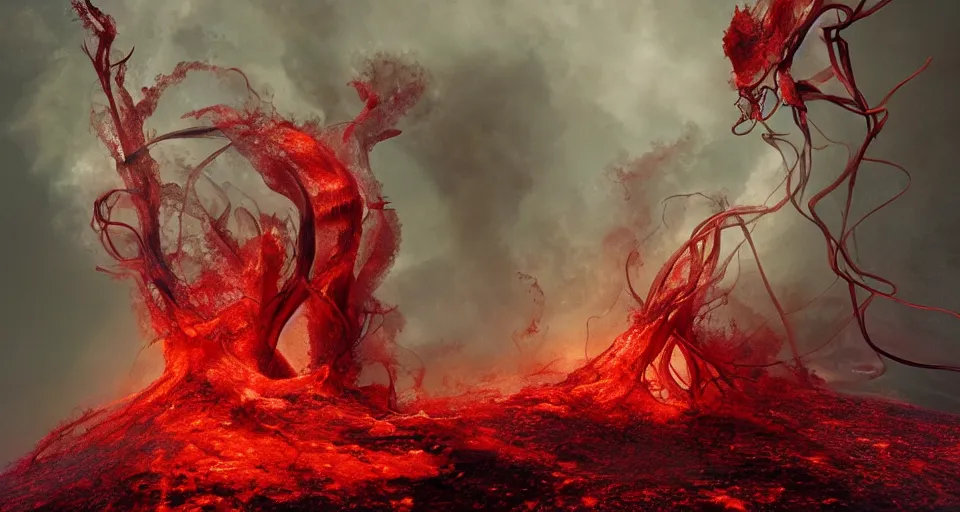 Image similar to a volcano made of ivory vines and crimson rocks enters in eruption, it spits a smoke in the shape of demonic eye, by ryohei hase