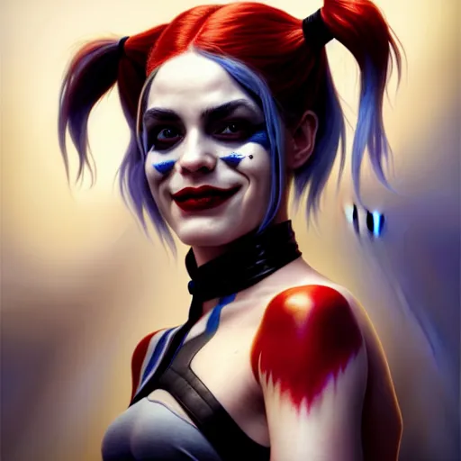 Prompt: portrait painting of harley quinn, ultra realistic, concept art, intricate details, eerie, highly detailed, photorealistic, octane render, 8 k, unreal engine. art by artgerm and greg rutkowski and charlie bowater and magali villeneuve and alphonse mucha