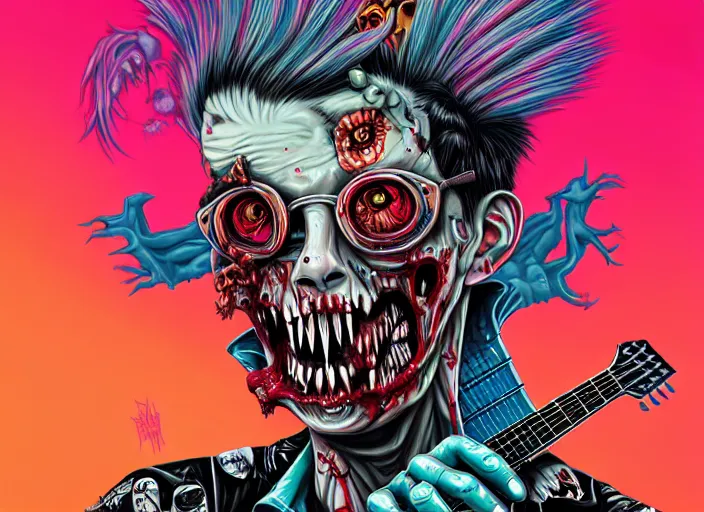 Image similar to a zombie punk rocker with a mohawk holding a stratocaster, tristan eaton, victo ngai, artgerm, rhads, ross draws