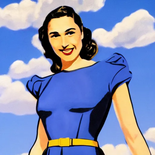 Prompt: full body portrait of gal gadot in the style of bill medcalf, blue sky with a few clouds, retro, 1 9 5 0, 4 k, detailed