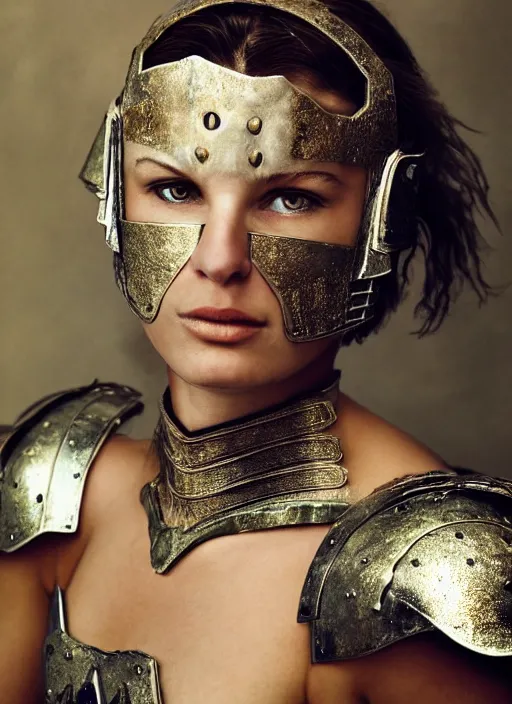 Prompt: close - up portrait of beautiful young woman dressed gladiator with metallic armor, art by annie leibovitz