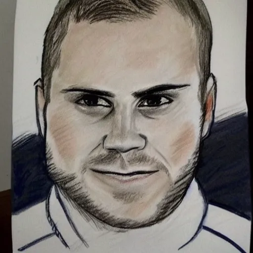 Image similar to a badly drawn picture of valtteri bottas, caricature!!!, funny, crayon art, bad, beginner art