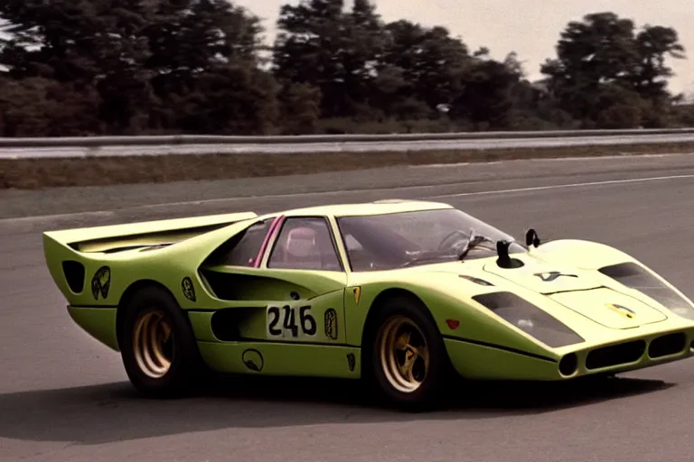 Prompt: vintage archival race footage of a single, purple, 1965 Ferrari F40, with elements of the De Tomaso Pantera, Lotus, GT40, BMW M1, and Countach, movie still, speed, cinematic Panavision 5384 film