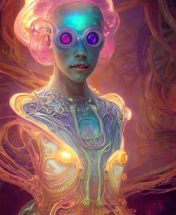 Prompt: ornate colorful transparent portrait of a terrifying beautiful alien sea creature, mottled coloring, adorable, childlike, cyberpunk environment, ultra realistic, concept art, art nouveau, photorealistic, octane render, 8 k, unreal engine. art by christopher marley and artgerm and greg rutkowski and alphonse mucha