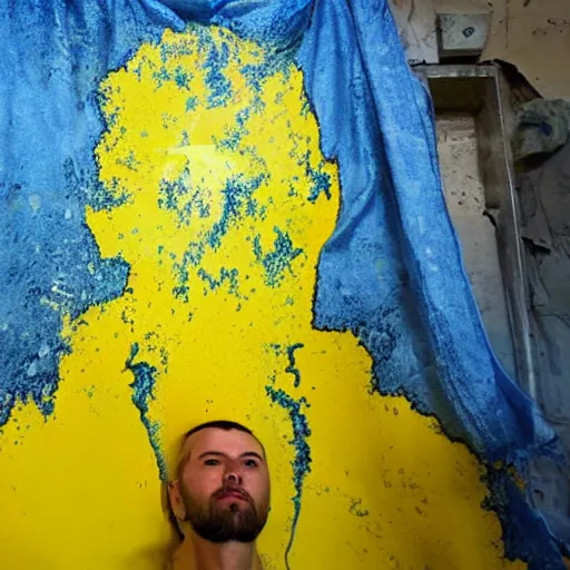 Image similar to a selfie of a ukrainian in yellow - blue rags against the backdrop of a nuclear explosion shoots himself in the head to die a less painful death