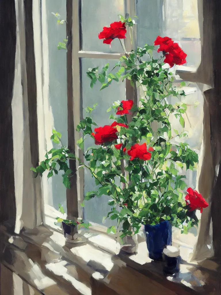 Image similar to gorgeous flowers by Ben aronson, oil on canvas, evening, window with art nouveaucurtains