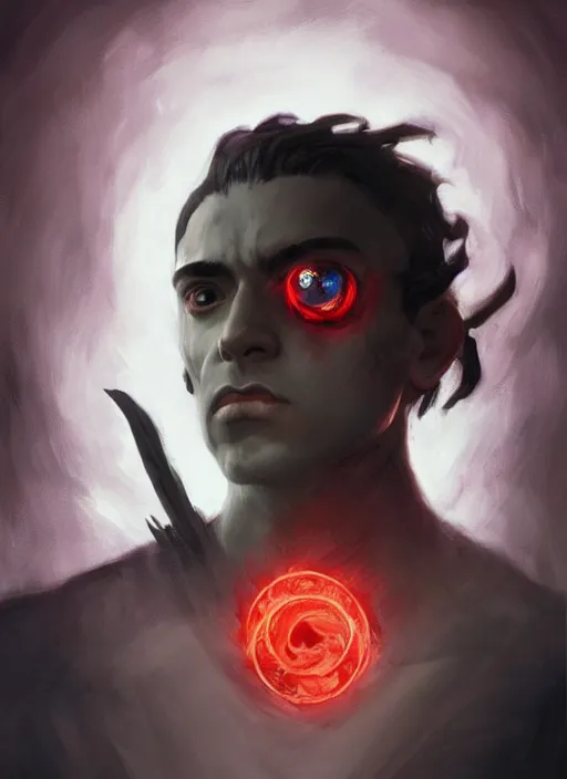 Image similar to character concept portrait of a handsome young twisted dark hispanic wizard with olive skin and glowing red eyes casting a zombie spell, a floating iridescent spell book in the center, intricate, elegant, digital painting, concept art, smooth, sharp focus, illustration, from Metal Gear, by Ruan Jia and Mandy Jurgens and William-Adolphe Bouguereau, Artgerm