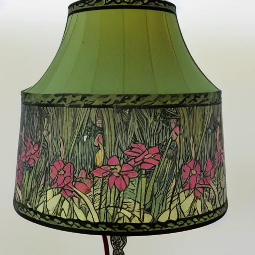 Image similar to beautiful victorian art nouveau duck lampshade, river reeds duckweeds, mucha kilian eng