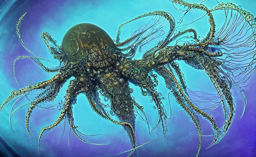 Image similar to sci - fi biomechanical, colored, unreal engine, fractal flame, monster character design, fantasy. intricate jellyfish crab eagle lizard biomechanical. by ernst haeckel