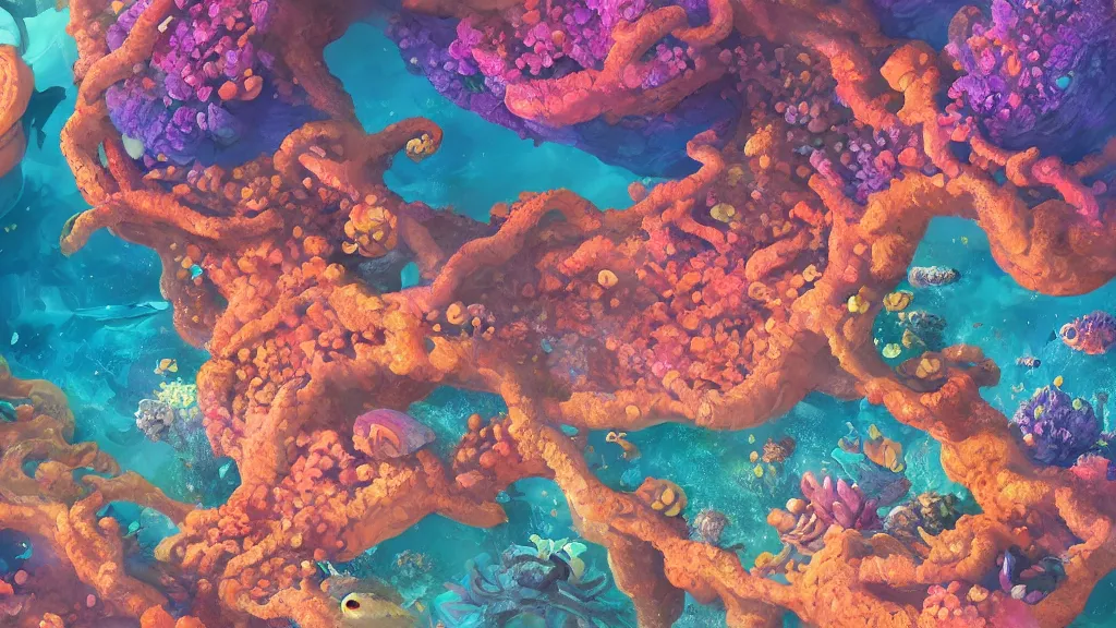Prompt: ancient alien planet covered in colorful coral reefs on the ground, anthropomorphic fish girls, by sylvain sarrailh, rossdraws, ambient light, ultra detailed, fantasy artwork, 8 k, volumetric lighting, trending on artstation, award winning, beautiful scenery, very beautiful.