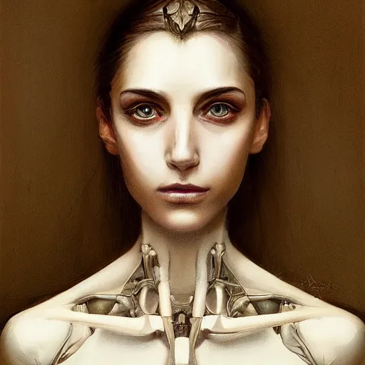Prompt: surreal portrait of a woman by Greg Rutkowski and Artgerm, symmetrical face, she is about 30 years old, she is about 30 years old, pretty, blond hair with two strans around her face, slavic features, melancholic gaze, pretty aquiline nose, transformed into a kind of biomechanical transhuman goddes, uncany but fascinating, sad but determined look, cosmic void background, frightening, fascinating, highly detailed portrait, digital painting, book cover, artstation, concept art, smooth, sharp foccus ilustration, Artstation HQ