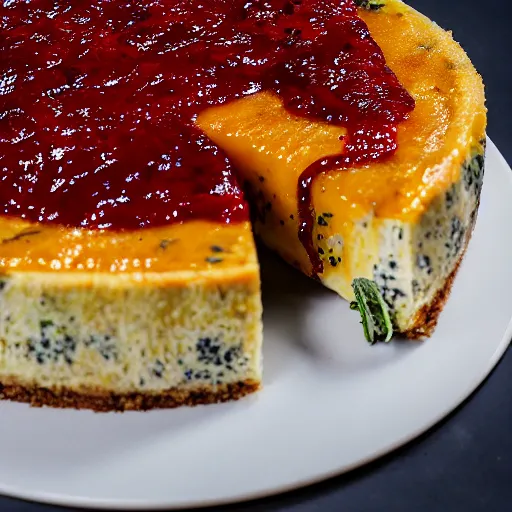 Image similar to A broccoli and raisin cheese cake, seasoned with red chilli pepper and apricot jam, high definition photography, 8k, food photography