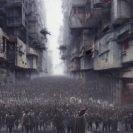 Image similar to hordes of drone-like people aimlessly walking around a depressing dystopian cityscape , trending on artststion, hyper realistic, surreal, melancholic, 8k, upscaled