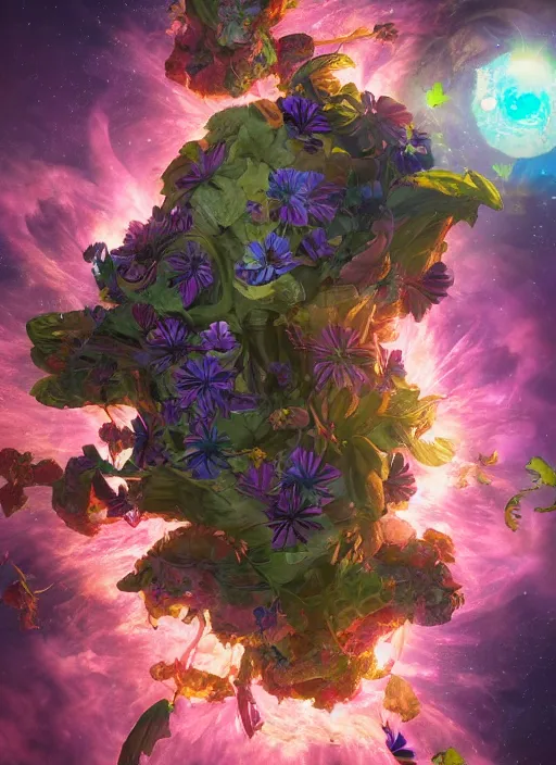 Image similar to An epic fantastic realism comic book style painting of the most beautiful flowers launched across the spiraling starry cosmos, nearby star, fisheye, unreal 5, DAZ, hyperrealistic, octane render, dynamic lighting