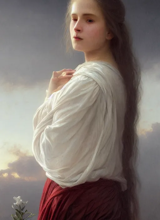 Image similar to oil painting close up portrait of a contemplative young norwegian woman with very long dark flowing hair in a dress made of white roses!! at sunset, hazy, digital art, chiaroscuro, artstation, cinematic, golden hour, digital art painting by greg rutkowski, william - adolphe bouguereau, hazy atmosphere, cinematic lighting