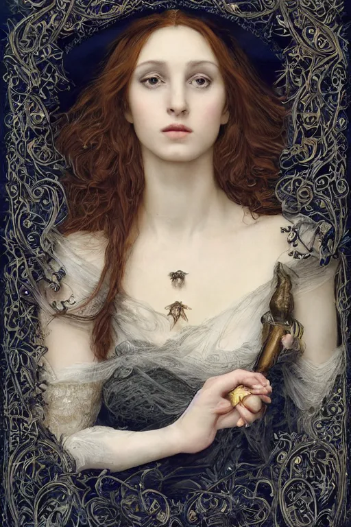 Image similar to An extremely beautiful pre-raphaelite ornate portrait of a very beautiful witch, surreal, ultradetailed, intricate, elegant, digital art painting, concept art, smooth, sharp focus, magazine art cover illustration, regal, award winning picture, extremely detailed masterpiece, sense of awe, featured on Artstation, Artgerm, ethereal bubbles, Aetherpunk, atmospheric lightning, Exquisite floral details, 8K detail post-processing, oil painting