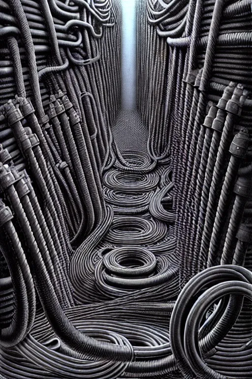 Image similar to grey wall of tangled pipes and hoses by thomas ligotti and wayne barlowe