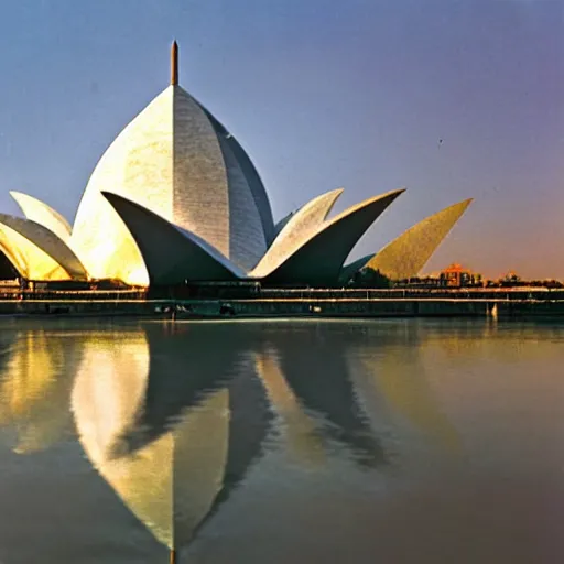 Prompt: futuristic gold and white marble lotus temple, by buckminster fuller and syd mead, intricate contemporary architecture, photo journalism, photography, cinematic, national geographic photoshoot