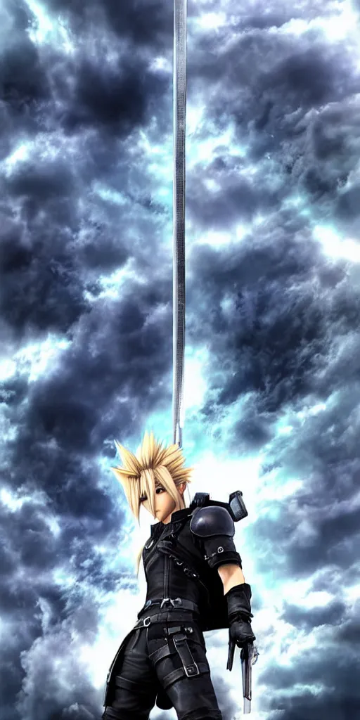 Image similar to cloud strife poster. 3 d. highres