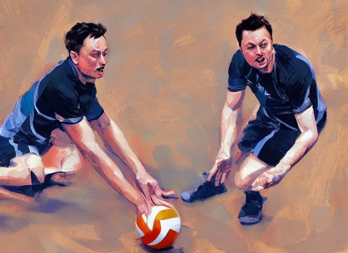 Image similar to a highly detailed beautiful portrait of elon musk playing voleyball, by gregory manchess, james gurney, james jean