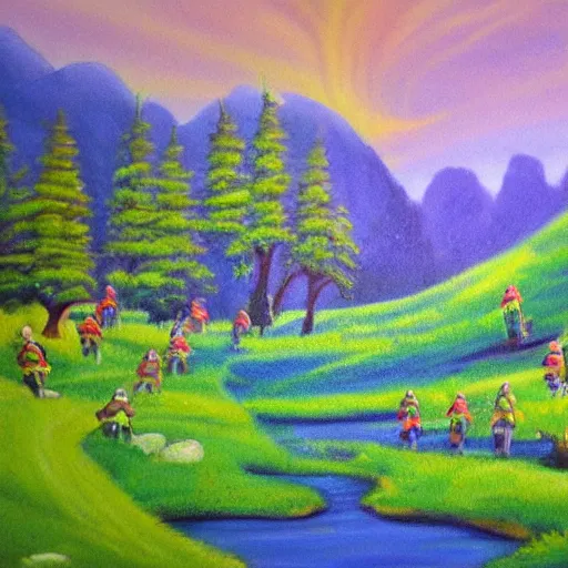 Prompt: a beautiful sun lite green valley with elves. painting.
