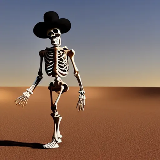 Prompt: 3 d render, skeleton, wearing a sun hat with a flower in it, walking in a desert, hd