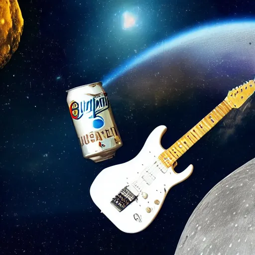 Image similar to a photo of a detailed, realistic, idle, regular sized electric guitar next to a beer can next to an astronaut sitting on the moon surface. detailed photo. realistic photo