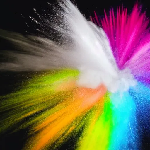 Image similar to A centered explosion of colorful powder on a black background