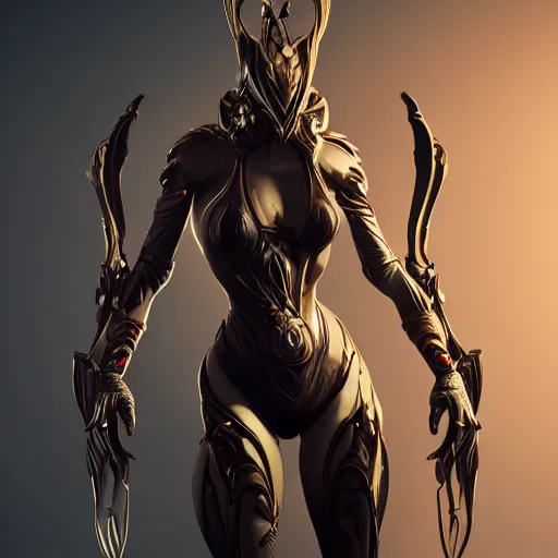 Image similar to beautiful intricate fanart of female warframe, elegant pose, well designed, high quality, artstation, deviantart, furaffinity, octane render