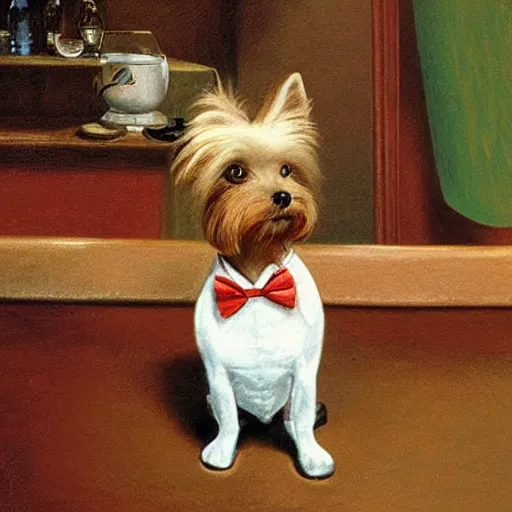 Image similar to a Yorkshire terrier at a bar wearing a bow tie, extremely detailed masterpiece, illustration, by Michael Sowa,