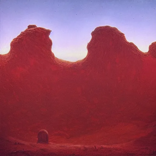 Image similar to only red colour, alien landscape filled with succulents, filigree ornaments, wadi rum, jordan, volumetric lights, beksinski