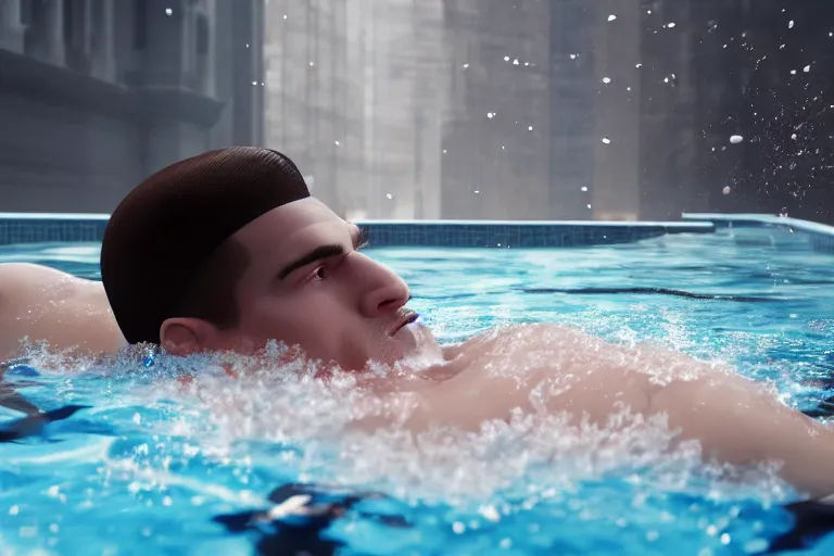 Image similar to hyperrealistic film still of hitman swimming in a pool of slushie at 7 1 1 stunning 3 d render, inspired by istvan sandorfi & greg rutkowski & unreal engine, perfect facial symmetry, dim volumetric cinematic lighting, 8 k octane comprehensive render, extremely hyper - detailed, incredibly lifelike attributes, intricate, real flesh texture, masterpiece, artstation, stunning,