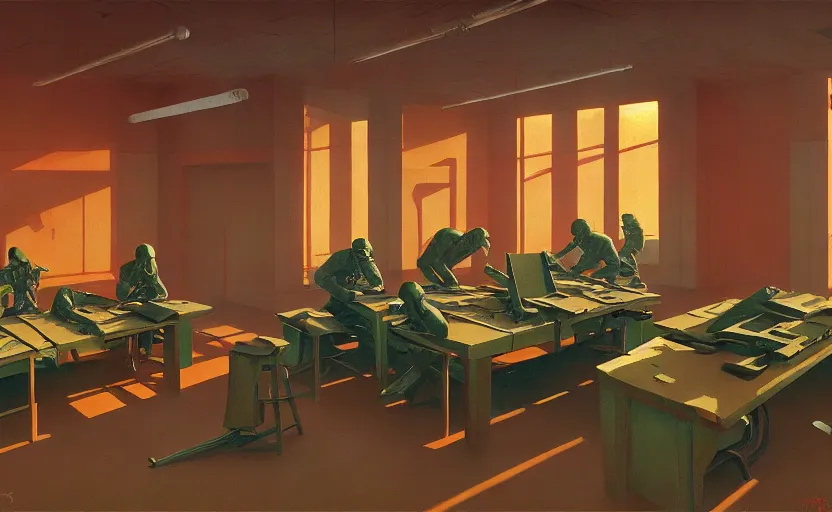 Prompt: Interior shot of soviet war room, highly detailed, very coherent, painted by Francis Bacon and Edward Hopper, Wayne Barlowe, painted by James Gilleard, surrealism, airbrush, art by JamesJean