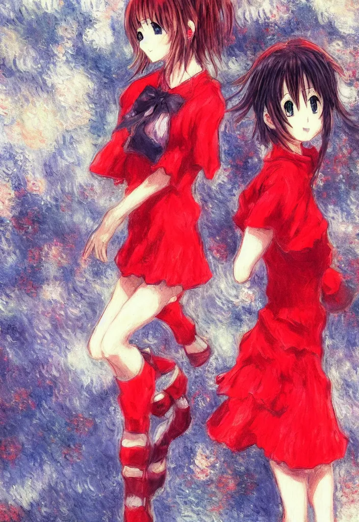 Image similar to medium shot portrait, a cute red outfit, tokyo anime scene, very anime in impressionist style, anime trending artwork, anime painter studio, by claude monet