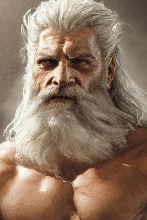 Image similar to painted portrait of rugged zeus, god of thunder, greek god, white hair, masculine, mature, handsome, upper body, muscular, hairy chest, fantasy, intricate, elegant, highly detailed, digital painting, artstation, concept art, smooth, sharp focus, illustration, art by gaston bussiere and greg rutkowski