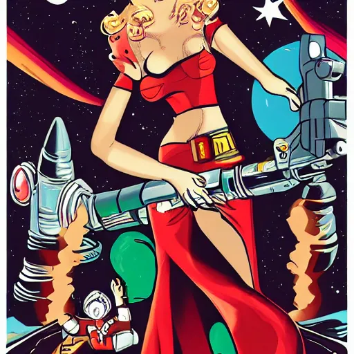 Image similar to old school, traditional style flashes of pinup girl in space holding a lazer pistol by sailor jerry, marina goncharova, vic james, electric martina, heath clifford, filip henningsson, kimi vera