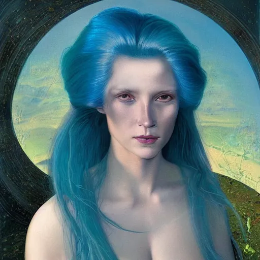 Image similar to A beautiful portrait of a woman with iridescent skin by James C. Christensen, scenic environment and blue hair