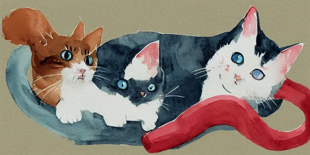 Prompt: watercolor illustration style, cute cat call to another cat by mobile phone